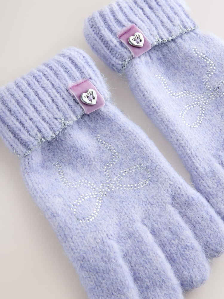Flieder-Violett - Baker by Ted Baker Girls Knitted Diamanté Bow Pom Hat and Gloves Set - Bild 5 von 5