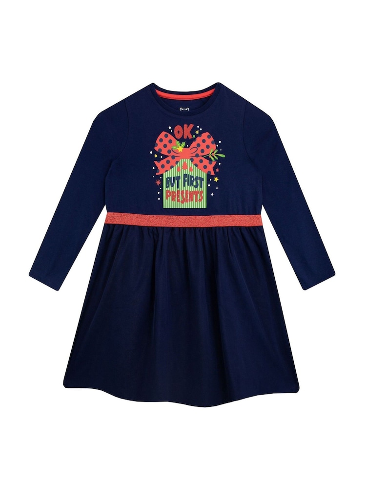 Harry Bear Blue Christmas Party Long Sleeve Glitter 100% Cotton Dress - Image 1 of 2