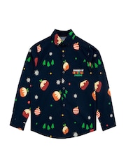 Harry Bear Blue Christmas Pudding Button Up 100% Cotton Shirt - Image 1 of 4