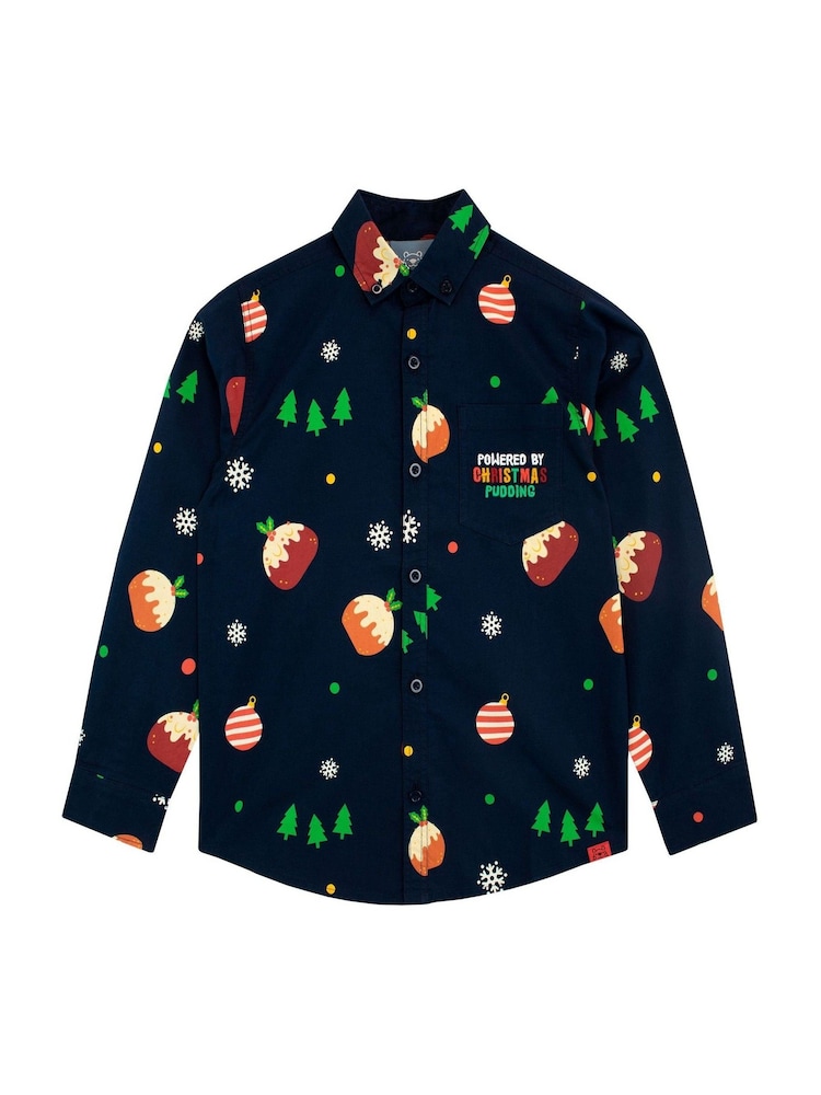 Harry Bear Blue Christmas Pudding Button Up 100% Cotton Shirt - Image 1 of 4