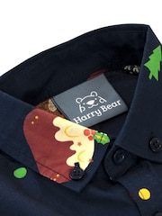 Harry Bear Blue Christmas Pudding Button Up 100% Cotton Shirt - Image 3 of 4