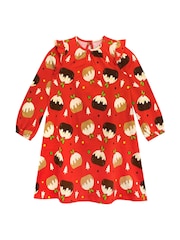 Harry Bear Red Christmas Pudding Long Sleeve 100% Cotton Dress - Image 1 of 2
