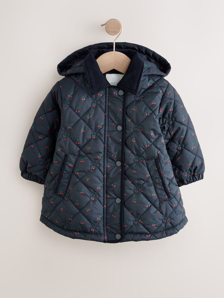 Navy Cherry Shower Resistant Embroidered Coat With Collar (3mths-7yrs) - Image 1 of 6