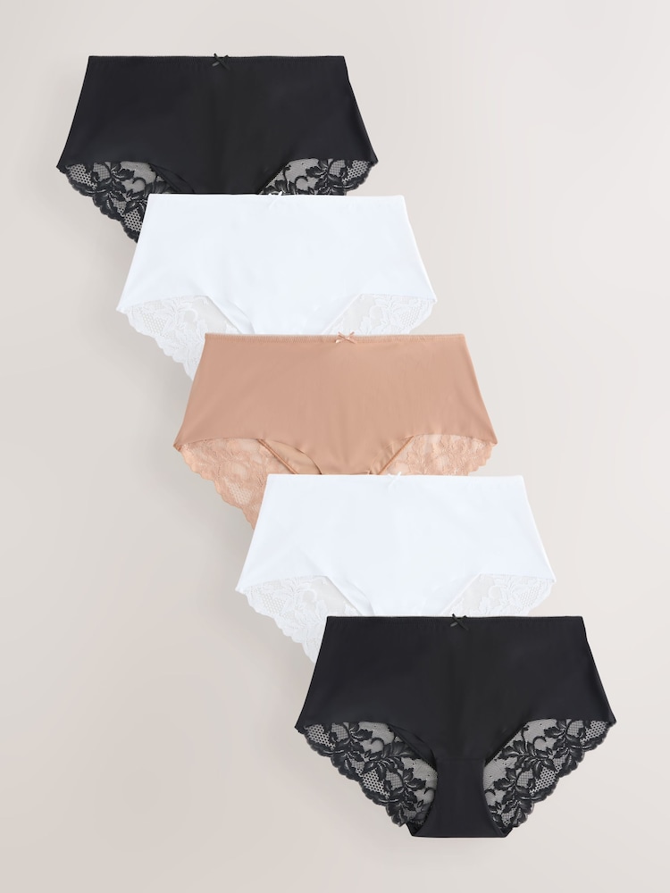 Black / White / Praline Nude Midi No VPL Lace Back Briefs 5 Pack - Image 1 of 8