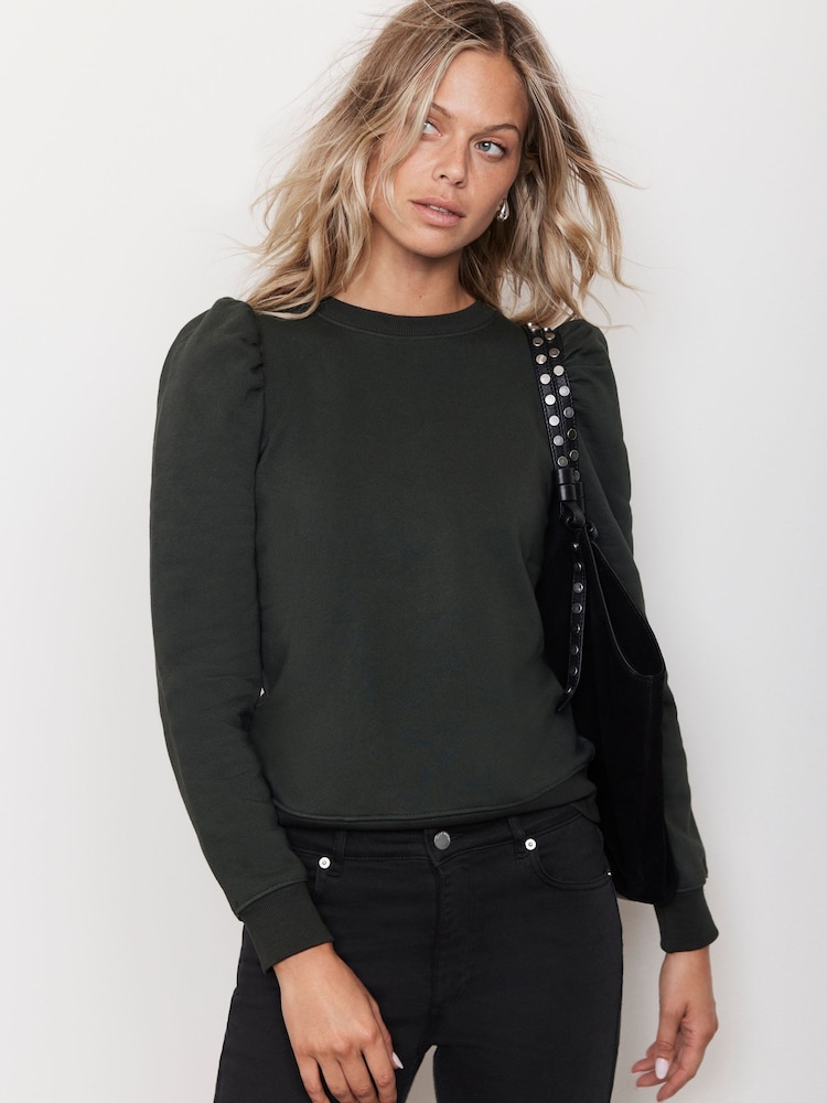 Mint Velvet Brown Khaki Cotton Blend Puff Sleeve Sweatshirt - Image 2 of 7 Mint Velvet Brown Khaki Cotton Blend Puff Sleeve Sweatshirt - Image 2 of 7