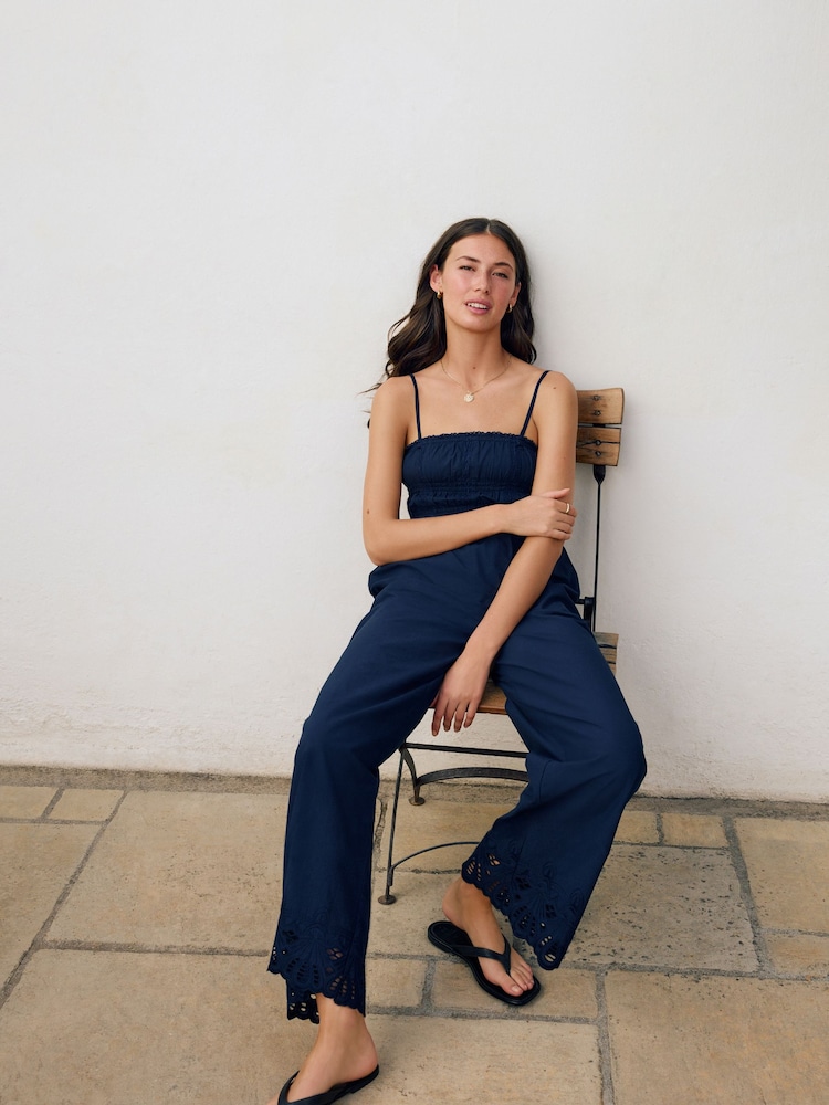 Navy Shirred Wide Leg 100% Cotton Jumpsuit - Image 2 of 9 Navy Shirred Wide Leg 100% Cotton Jumpsuit - Image 2 of 9