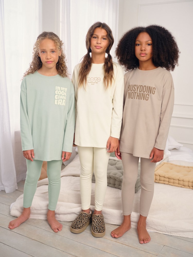 Neutral Slogan Legging Pyjamas 3 Pack (3-16yrs) - Image 1 of 10 Neutral Slogan Legging Pyjamas 3 Pack (3-16yrs) - Image 1 of 10