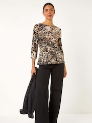 Roman Natural Animal Print Peplum Stretch Top - Image 2 of 5