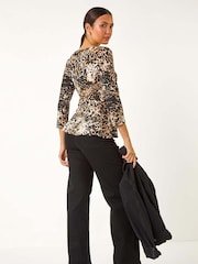 Roman Natural Animal Print Peplum Stretch Top - Image 3 of 5