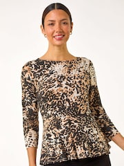 Roman Natural Animal Print Peplum Stretch Top - Image 4 of 5