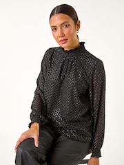 Roman Black Zig Zag Shimmer High Neck Top - Image 1 of 6