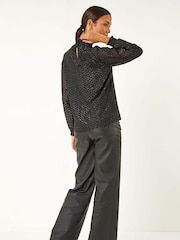 Roman Black Zig Zag Shimmer High Neck Top - Image 4 of 6