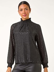 Roman Black Zig Zag Shimmer High Neck Top - Image 5 of 6