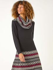 Roman Red 2-in-1 Nordic Print Scarf Neck Knitted Dress - Image 1 of 5