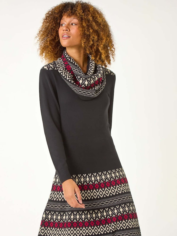 Roman Red 2-in-1 Nordic Print Scarf Neck Knitted Dress - Image 1 of 5
