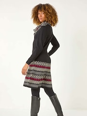 Roman Red 2-in-1 Nordic Print Scarf Neck Knitted Dress - Image 4 of 5