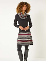 Roman Red 2-in-1 Nordic Print Scarf Neck Knitted Dress - Image 5 of 5
