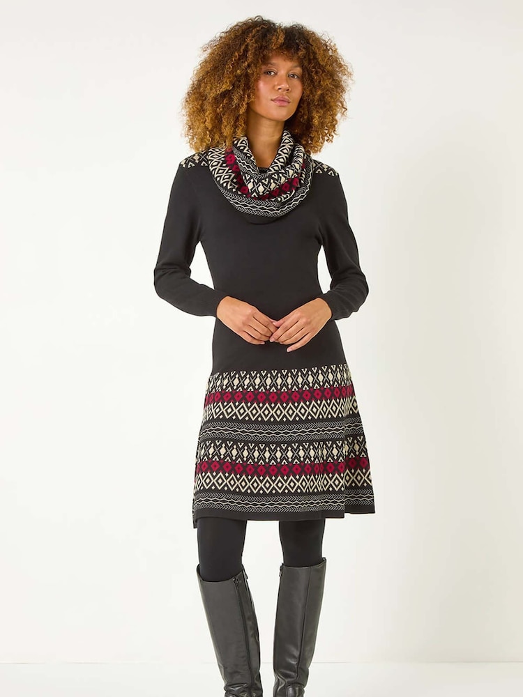 Roman Red 2-in-1 Nordic Print Scarf Neck Knitted Dress - Image 5 of 5
