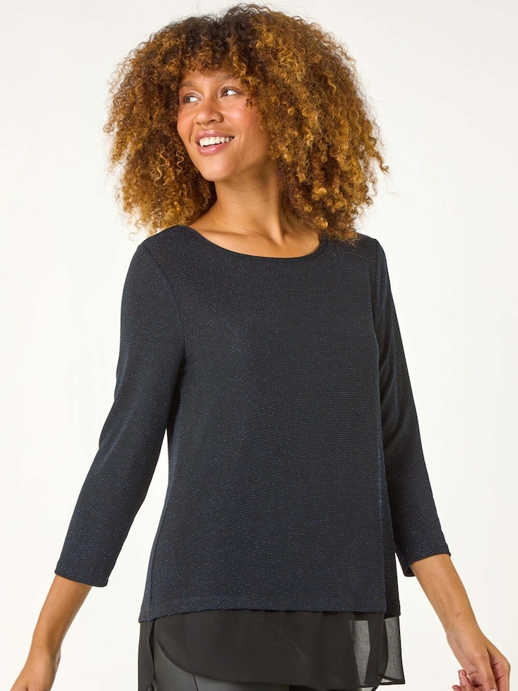 Roman Blue Shimmer Chiffon Hem Top - Image 1 of 6