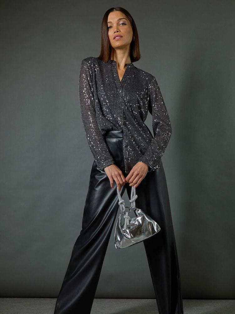 Roman Black Faux Fur Leather Wide Leg Trousers - Image 2 of 8