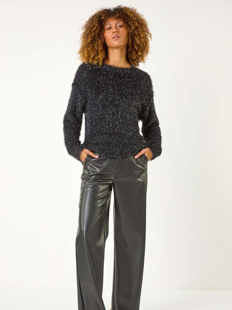 Roman Black Faux Fur Leather Wide Leg Trousers - Image 5 of 8