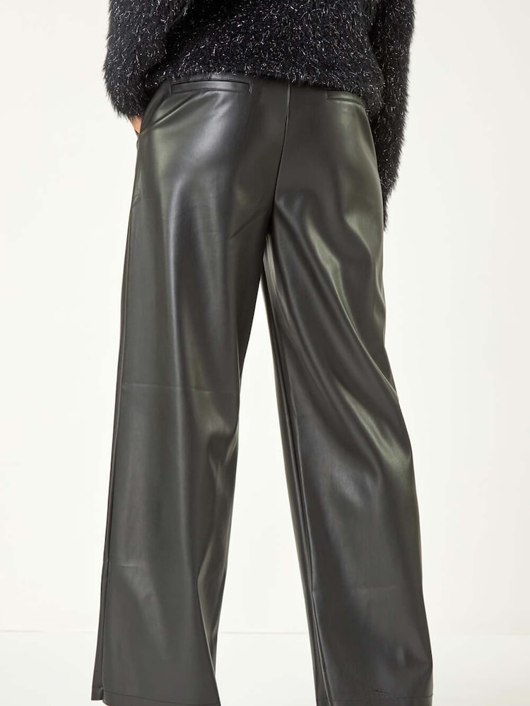 Roman Black Faux Fur Leather Wide Leg Trousers - Image 6 of 8