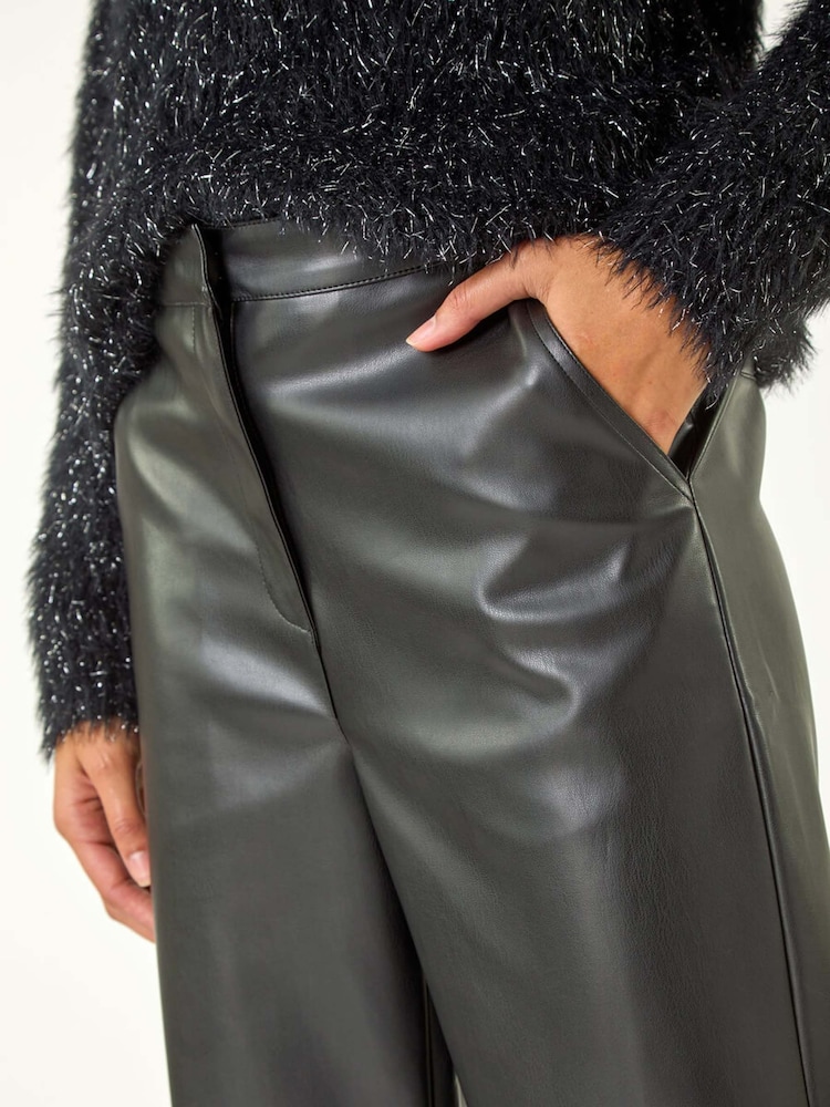 Roman Black Faux Fur Leather Wide Leg Trousers - Image 8 of 8
