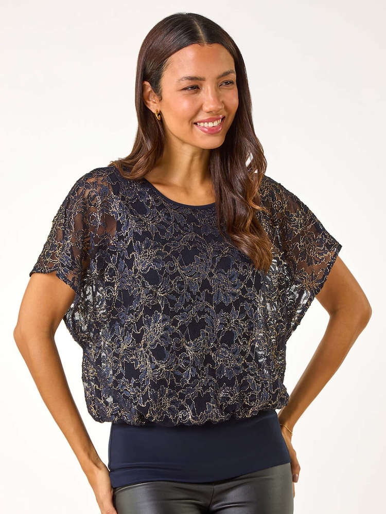 Roman Blue Metallic Lace Bubble Hem Top - Image 1 of 6