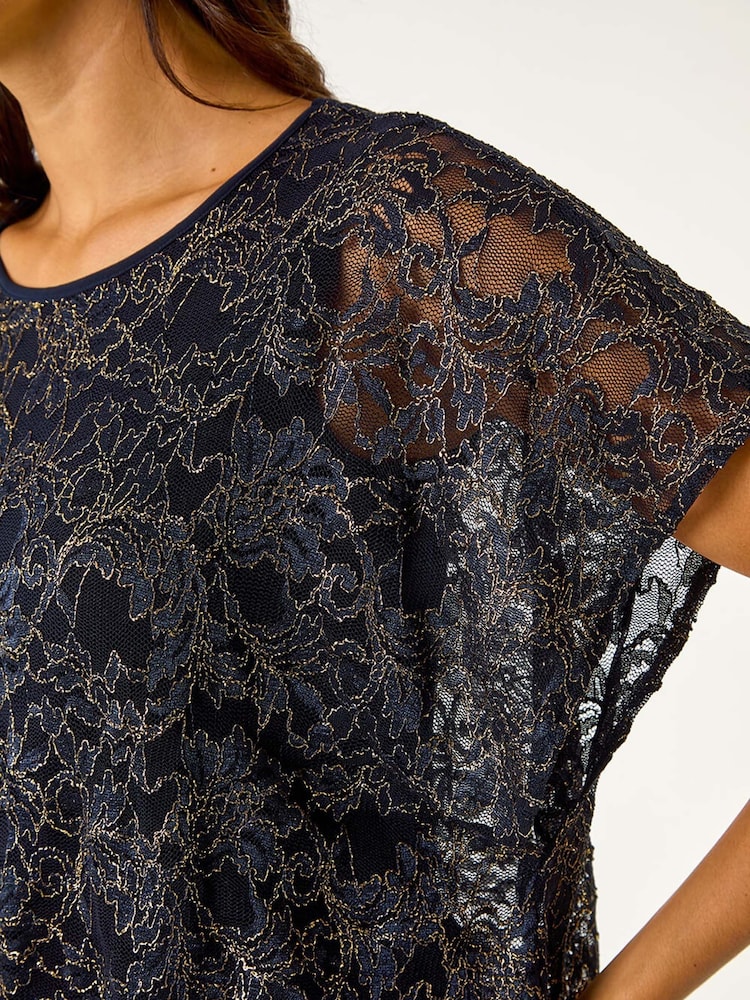 Roman Blue Metallic Lace Bubble Hem Top - Image 6 of 6