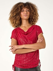 Roman Red Sequin Bow Slash Neck Blouese - Image 4 of 5