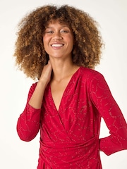 Roman Red Sparkle Floral Stretch Wrap Dress - Image 3 of 6
