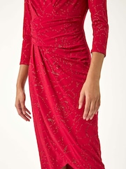 Roman Red Sparkle Floral Stretch Wrap Dress - Image 4 of 6