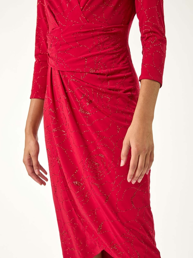 Czerwony - Roman Sparkle Floral Stretch Wrap Dress - Image 4 of 6
