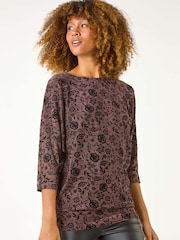 Roman Purple Floral Print Banded Glitter Top - Image 1 of 5