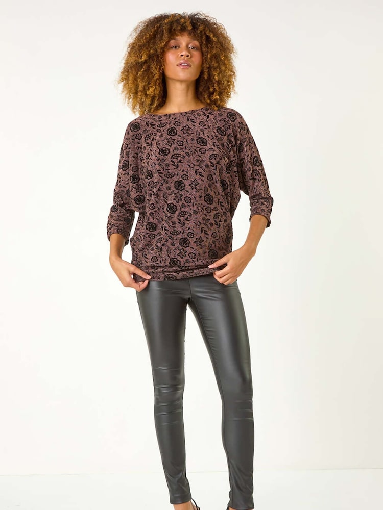 Roman Purple Floral Print Banded Glitter Top - Image 2 of 5