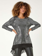 Roman Metallic Chiffon Hem Sequin Stretch Tunic Top - Image 1 of 6