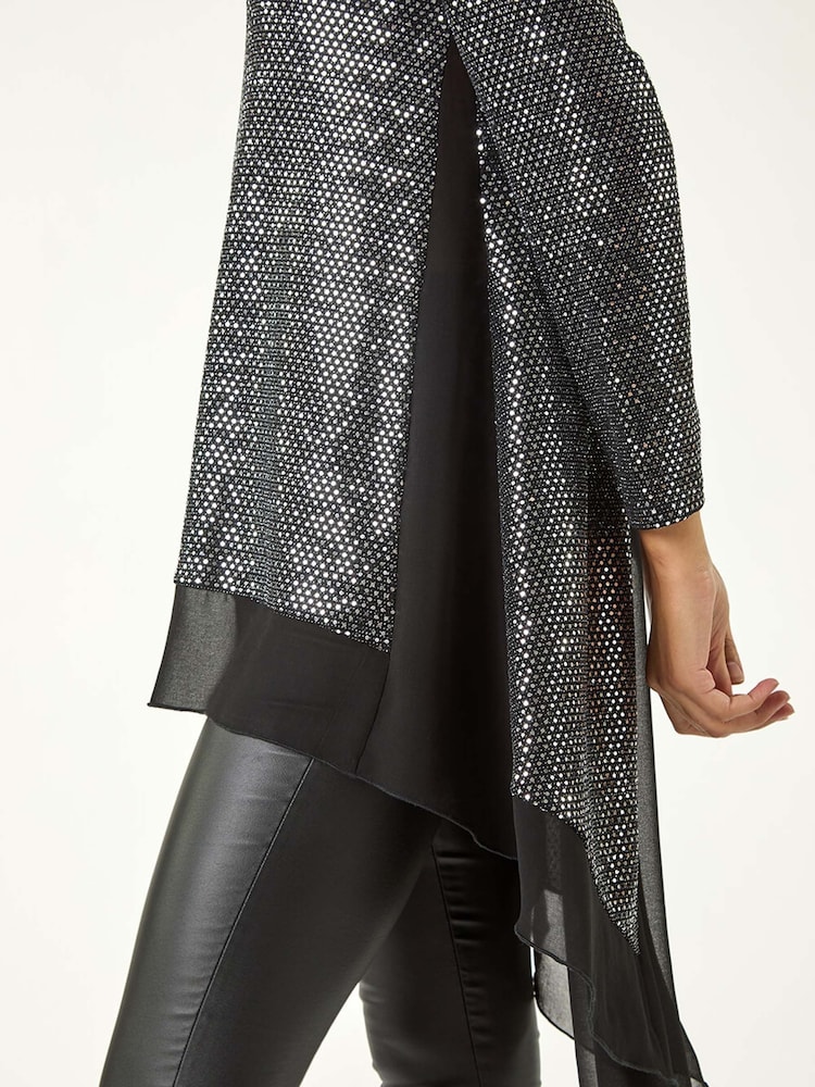Roman Metallic Chiffon Hem Sequin Stretch Tunic Top - Image 6 of 6