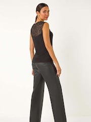 Roman Black Lace Yoke Gathered Waist Top - Image 3 of 5
