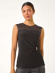 Roman Black Lace Yoke Gathered Waist Top - Image 4 of 5