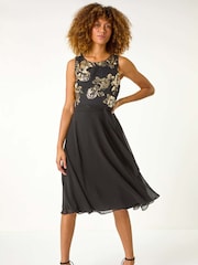 Roman Black Foil Floral Print Fit and Flare Dress - Image 1 of 5