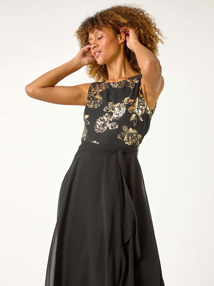 Roman Black Foil Floral Print Fit and Flare Dress - Image 2 of 5