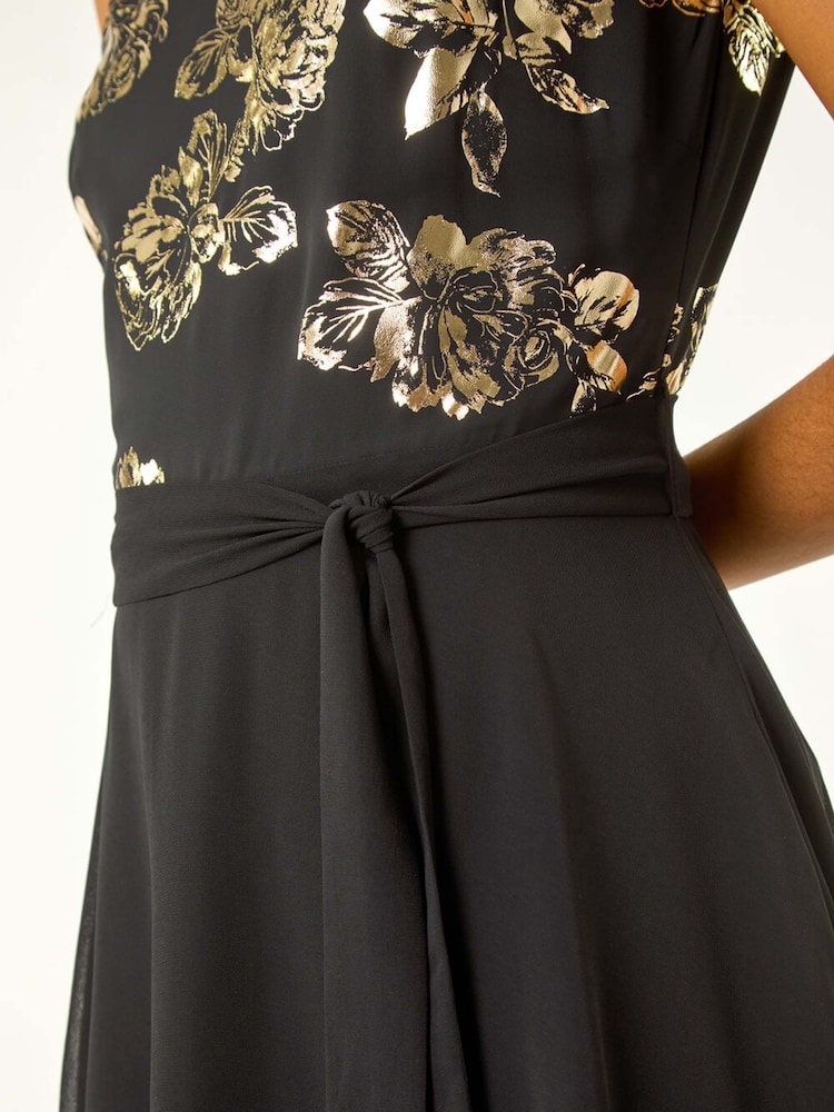 Roman Black Foil Floral Print Fit and Flare Dress - Image 5 of 5