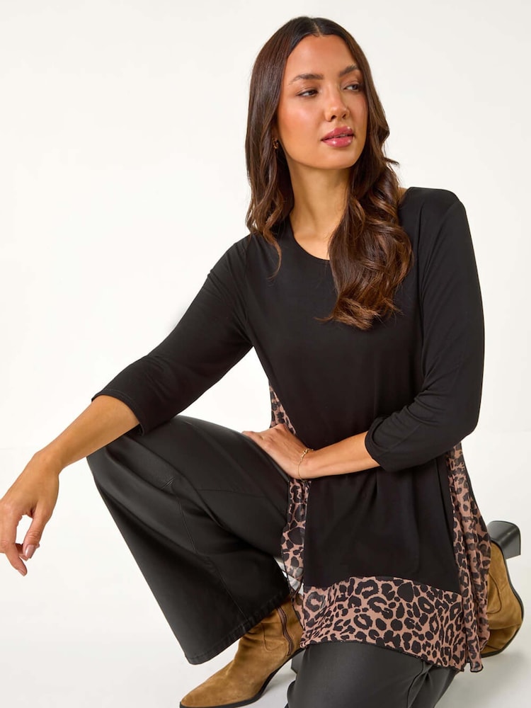 Roman Black Animal Print Mesh Hem Tunic - Image 1 of 5