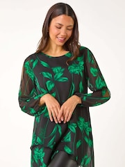Verde - Roman Floral Chiffon Layered Tunic Top - Imagem 2 de 5