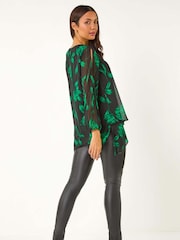 Verde - Roman Floral Chiffon Layered Tunic Top - Imagem 4 de 5