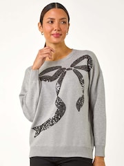 Roman Grey Bow Sequin Detail Knit Jumper - Image 1 of 5