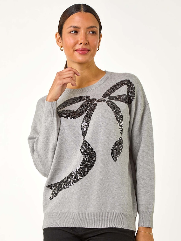 Roman Grey Bow Sequin Detail Knit Jumper - Image 1 of 5