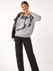 Roman Grey Bow Sequin Detail Knit Jumper - Image 2 of 5
