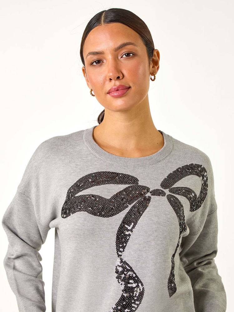 Gris - Roman Nœud Sequin Pull en tricot avec détails - Image 4 of 5