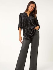 Roman Black Velvet Front V-Neck Shirt - Image 1 of 5